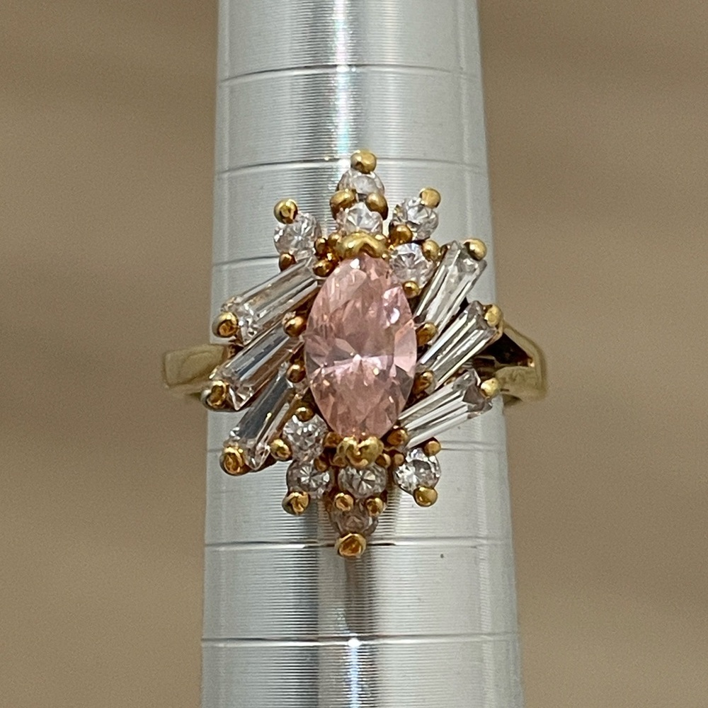 Pink and Clear Cubic Zirconia 925 Silver Ring with Gold Tone Size 6.5